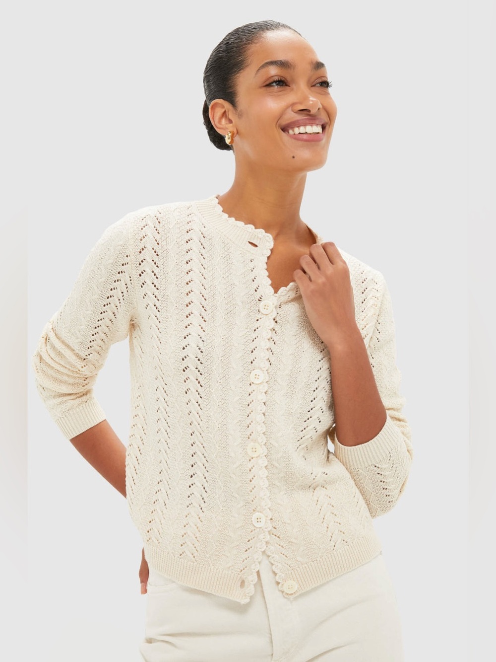NWT Alex Mill Annalise Sweater Large Cream Wool Cotton Button Front Crochet Knit